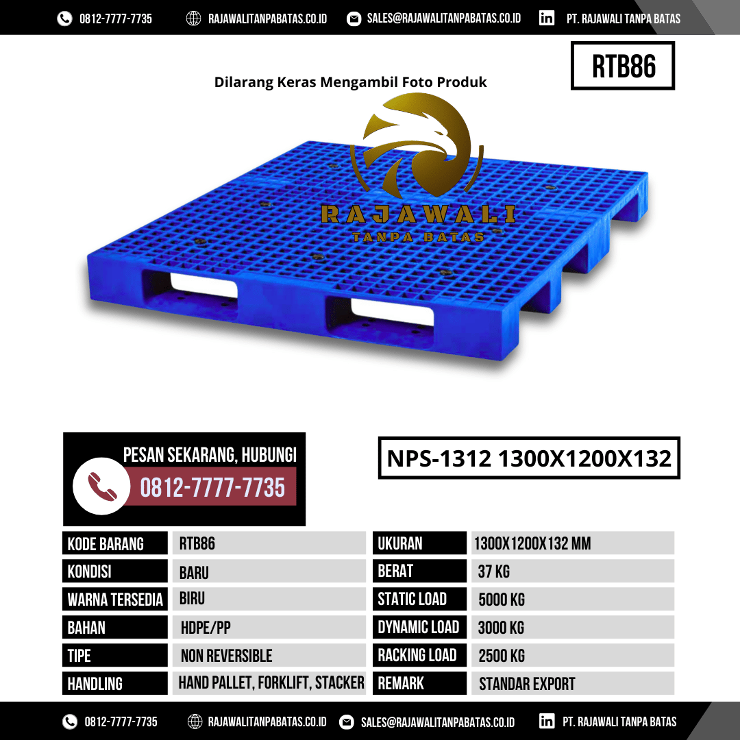 Pallet Plastik Bekas & Baru Ukuran 1300x1200x132 mm - RTB86 - Biru